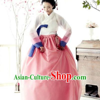 Top Grade Korean Hanbok Traditional Bride White Blouse and Pink Dress Fashion Apparel Costumes for Women