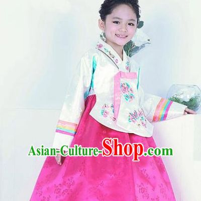 Top Grade Korean Hanbok Traditional Bride White Blouse and Pink Dress Fashion Apparel Costumes for Kids
