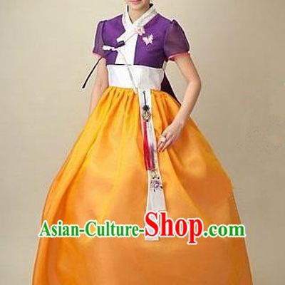 Top Grade Korean Hanbok Traditional Bride Purple Blouse and Orange Dress Fashion Apparel Costumes for Women