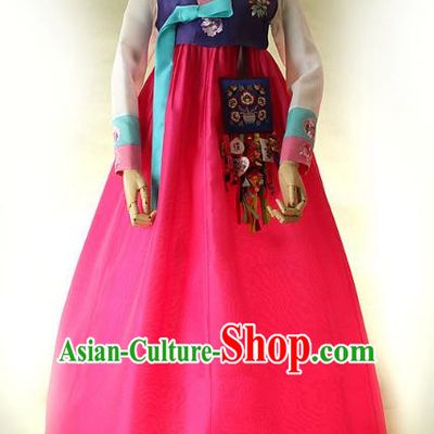 Top Grade Korean Hanbok Traditional Bride Purple Blouse and Rosy Dress Fashion Apparel Costumes for Women