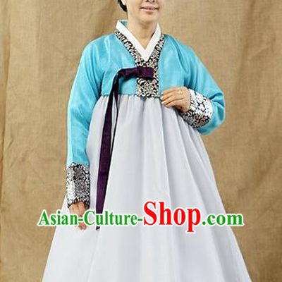 Top Grade Korean Hanbok Traditional Blue Blouse and White Dress Fashion Apparel Costumes for Women