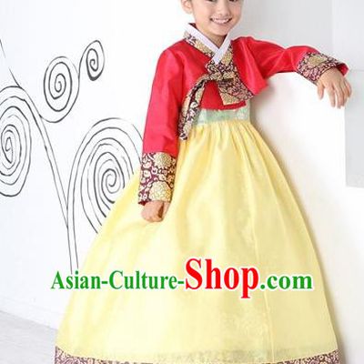 Top Grade Korean Hanbok Traditional Red Blouse and Yellow Dress Fashion Apparel Costumes for Kids