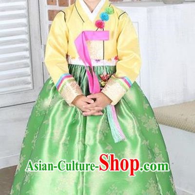 Top Grade Korean Hanbok Traditional Yellow Blouse and Green Dress Fashion Apparel Costumes for Kids
