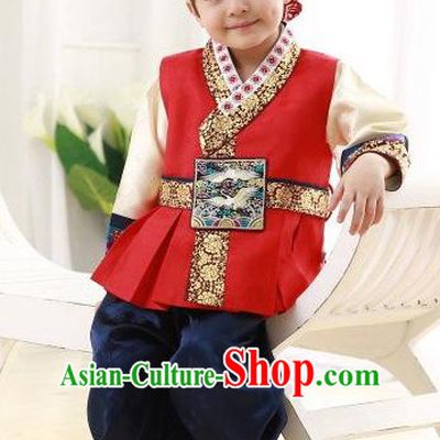 Asian Korean Hanbok Ancient Palace Boys Red Shirt and Blue Pants Traditional Costume for Kids