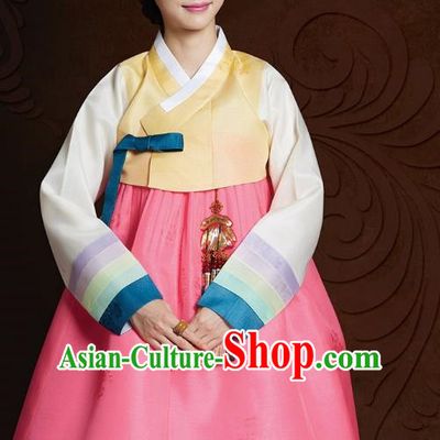 Top Grade Korean Hanbok Traditional Yellow Blouse and Pink Dress Fashion Apparel Costumes for Women