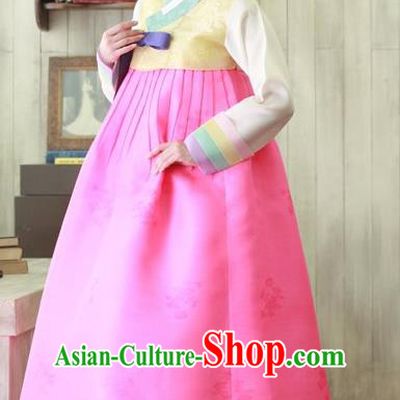 Top Grade Korean Hanbok Traditional Yellow Blouse and Rosy Dress Fashion Apparel Costumes for Women