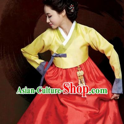 Top Grade Korean Hanbok Traditional Yellow Blouse and Red Dress Fashion Apparel Costumes for Women