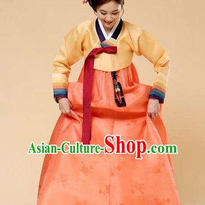 Top Grade Korean Hanbok Traditional Yellow Blouse and Orange Dress Fashion Apparel Costumes for Women