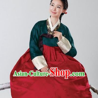 Top Grade Korean Hanbok Traditional Atrovirens Blouse and Red Dress Fashion Apparel Costumes for Women