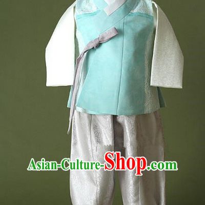 Asian Korean Hanbok Ancient Palace Boys Blue Shirt and Grey Pants Traditional Costume for Kids