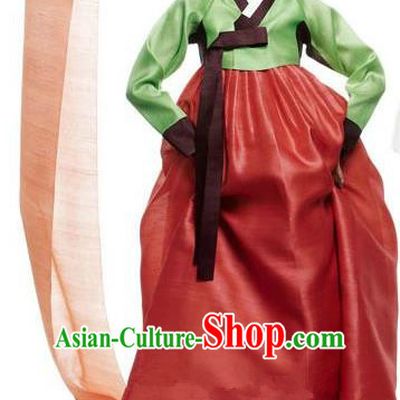 Top Grade Korean Hanbok Traditional Green Blouse and Red Dress Fashion Apparel Costumes for Women