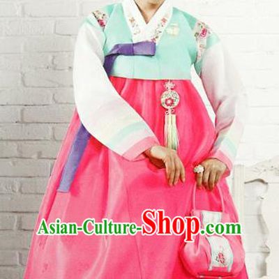 Top Grade Korean Hanbok Traditional Green Blouse and Rosy Dress Fashion Apparel Costumes for Women