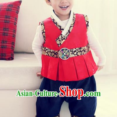 Asian Korean Hanbok Ancient Palace Boys Red Shirt and Pants Traditional Costume for Kids
