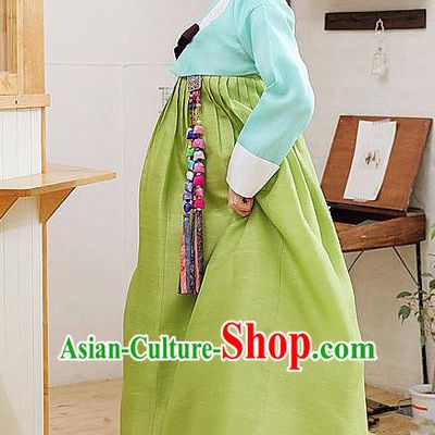 Top Grade Korean Hanbok Traditional Blue Blouse and Green Dress Fashion Apparel Costumes for Women