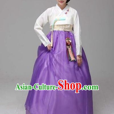 Top Grade Korean Hanbok Traditional White Blouse and Purple Dress Fashion Apparel Costumes for Women