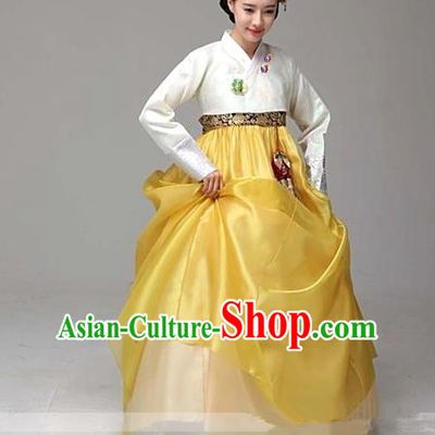 Top Grade Korean Palace Hanbok Traditional White Blouse and Yellow Dress Fashion Apparel Costumes for Women