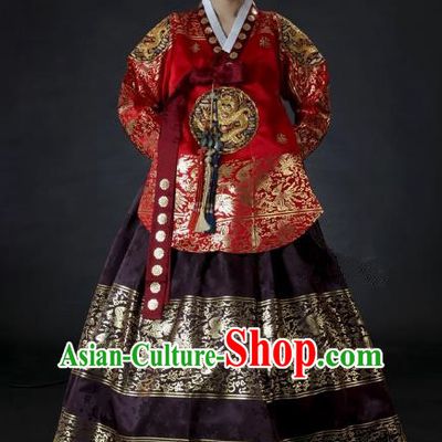 Top Grade Korean Palace Hanbok Traditional Red Blouse and Purple Dress Fashion Apparel Costumes for Women