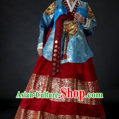 Top Grade Korean Palace Hanbok Traditional Blue Blouse and Red Dress Fashion Apparel Costumes for Women