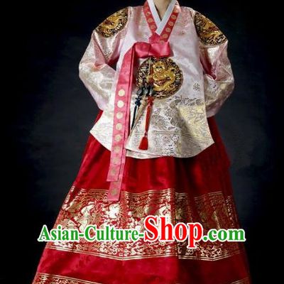 Top Grade Korean Palace Hanbok Traditional Empress Pink Blouse and Red Dress Fashion Apparel Costumes for Women