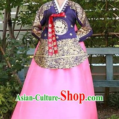 Top Grade Korean Palace Hanbok Traditional Purple Blouse and Pink Dress Fashion Apparel Costumes for Women