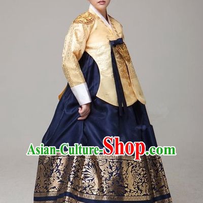 Top Grade Korean Palace Hanbok Traditional Empress Golden Blouse and Navy Dress Fashion Apparel Costumes for Women