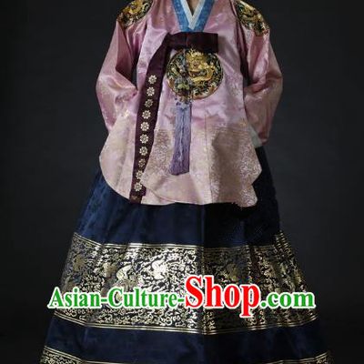 Top Grade Korean Palace Hanbok Traditional Empress Pink Blouse and Navy Dress Fashion Apparel Costumes for Women
