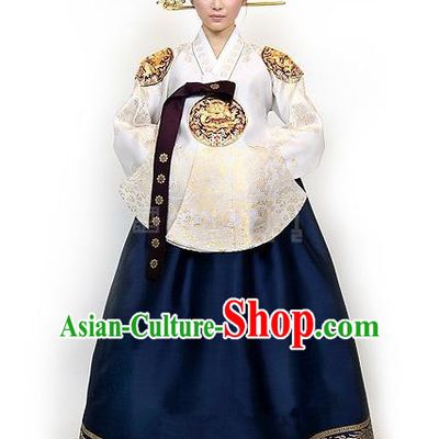 Top Grade Korean Palace Hanbok Traditional Empress White Blouse and Navy Dress Fashion Apparel Costumes for Women