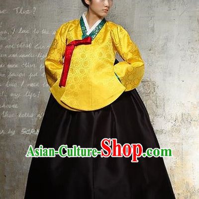 Top Grade Korean Palace Hanbok Traditional Empress Yellow Blouse and Black Dress Fashion Apparel Costumes for Women