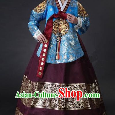 Top Grade Korean Palace Hanbok Traditional Empress Blue Blouse and Purple Dress Fashion Apparel Costumes for Women