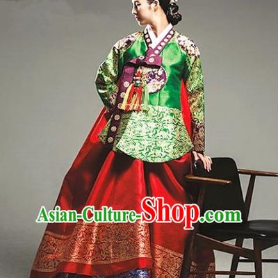 Top Grade Korean Palace Hanbok Traditional Empress Green Blouse and Red Dress Fashion Apparel Costumes for Women