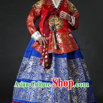Top Grade Korean Palace Hanbok Traditional Empress Red Blouse and Blue Dress Fashion Apparel Costumes for Women
