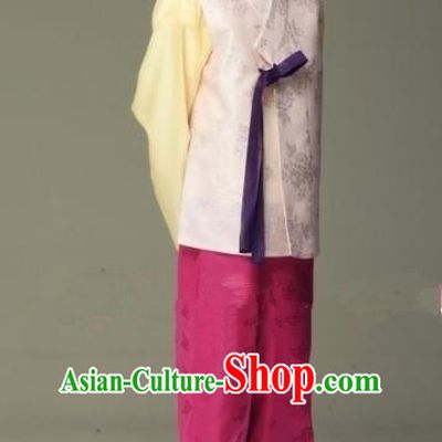 Asian Korean Hanbok Ancient Bridegroom Traditional Costume Pink Vest and Rosy Pants for Men