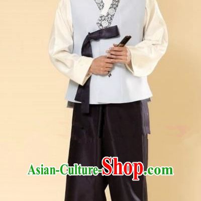 Asian Korean Hanbok Ancient Bridegroom Traditional Costume Blue Vest and Black Pants for Men