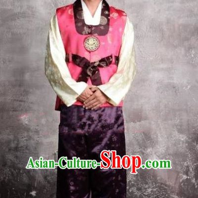 Asian Korean Hanbok Ancient Bridegroom Traditional Costume Pink Vest and Purple Pants for Men