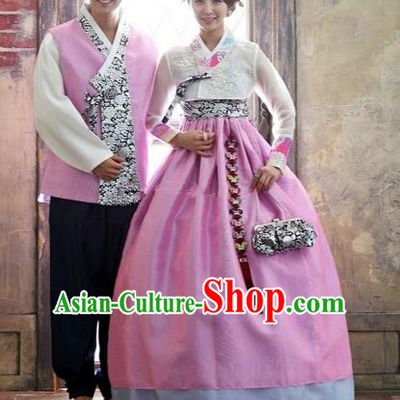 Asian Korean Traditional Pink Costume Ancient Bridegroom and Bride Hanbok Complete Set
