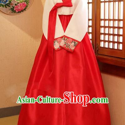 Top Grade Korean Traditional Palace Hanbok Ancient White Blouse and Red Dress Fashion Apparel Costumes for Women