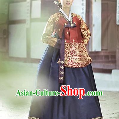 Top Grade Korean Traditional Palace Hanbok Ancient Wine Red Blouse and Navy Dress Fashion Apparel Costumes for Women
