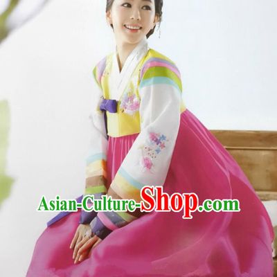 Top Grade Korean Traditional Hanbok Ancient Palace Yellow Blouse and Rosy Dress Fashion Apparel Costumes for Women