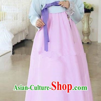Top Grade Korean Traditional Hanbok Ancient Palace Blue Blouse and Pink Dress Fashion Apparel Costumes for Women