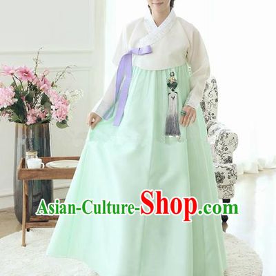 Top Grade Korean Traditional Hanbok Ancient Palace White Blouse and Green Dress Fashion Apparel Costumes for Women