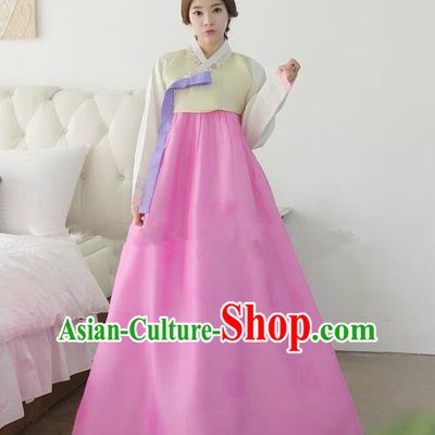 Top Grade Korean Traditional Hanbok Ancient Palace Yellow Blouse and Rosy Dress Fashion Apparel Costumes for Women