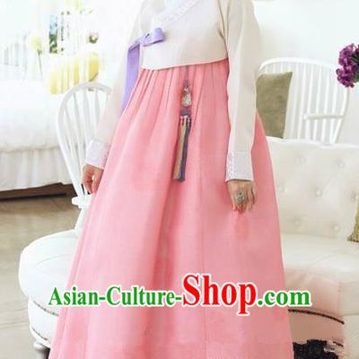 Top Grade Korean Traditional Hanbok Ancient Fashion Apparel Costumes Palace White Blouse and Pink Dress for Women
