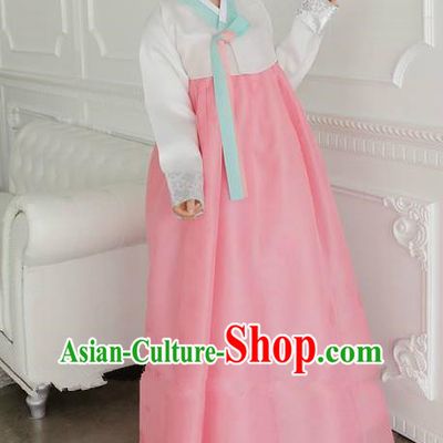 Top Grade Korean Traditional Hanbok Ancient Palace White Blouse and Pink Dress Fashion Apparel Costumes for Women