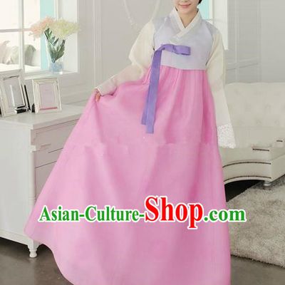 Top Grade Korean Traditional Hanbok Ancient Fashion Apparel Costumes Palace Lilac Blouse and Pink Dress for Women