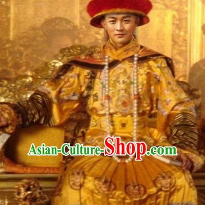 Traditional Chinese Ancient Qing Dynasty Guangxu Emperor Costume Embroidered Imperial Robe for Men