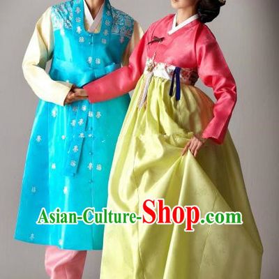 Asian Korean Traditional Wedding Costumes Palace Hanbok Ancient Korean Bride and Bridegroom Costumes Complete Set