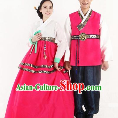 Asian Korean Traditional Wedding Rosy Costumes Palace Hanbok Ancient Korean Bride and Bridegroom Costumes Complete Set
