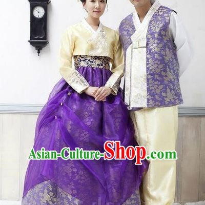 Asian Korean Traditional Wedding Purple Costumes Palace Hanbok Ancient Korean Bride and Bridegroom Costumes Complete Set