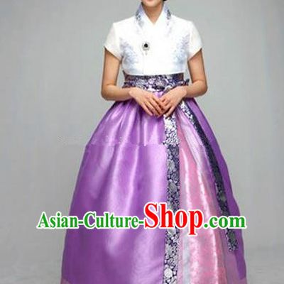 Top Grade Korean Hanbok Ancient Traditional Fashion Apparel Costumes White Blouse and Purple Dress for Women