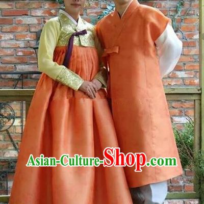 Asian Korean Traditional Wedding Orange Costumes Palace Hanbok Ancient Korean Bride and Bridegroom Costumes Complete Set